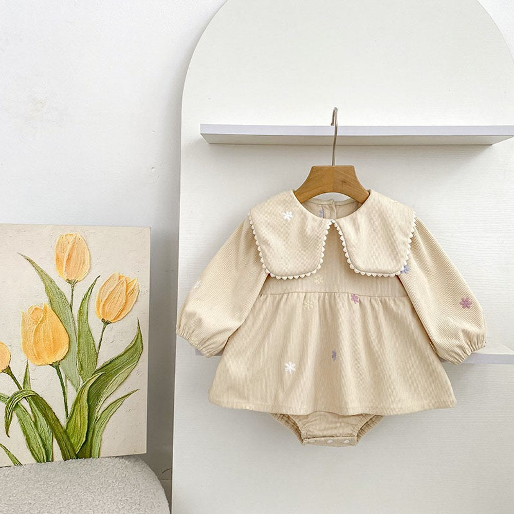 Baby Kids Girls Flowers Embroidered Long Sleeves Bodysuit Dress