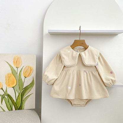 Baby Kids Girls Flowers Embroidered Long Sleeves Bodysuit Dress
