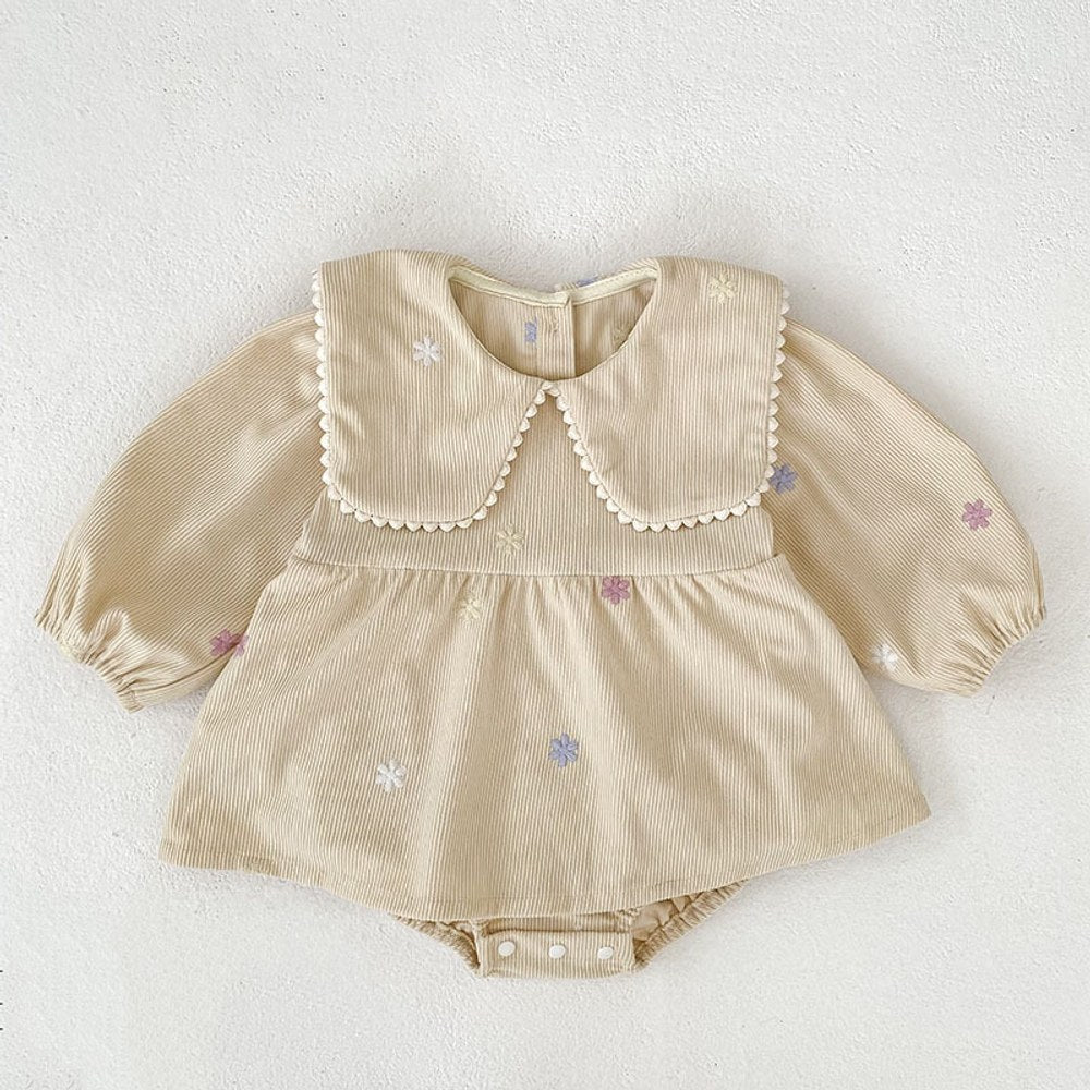 Baby Kids Girls Flowers Embroidered Long Sleeves Bodysuit Dress