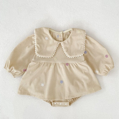 Baby Kids Girls Flowers Embroidered Long Sleeves Bodysuit Dress