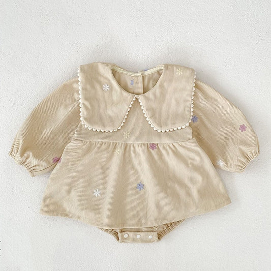 Baby Kids Girls Flowers Embroidered Long Sleeves Bodysuit Dress