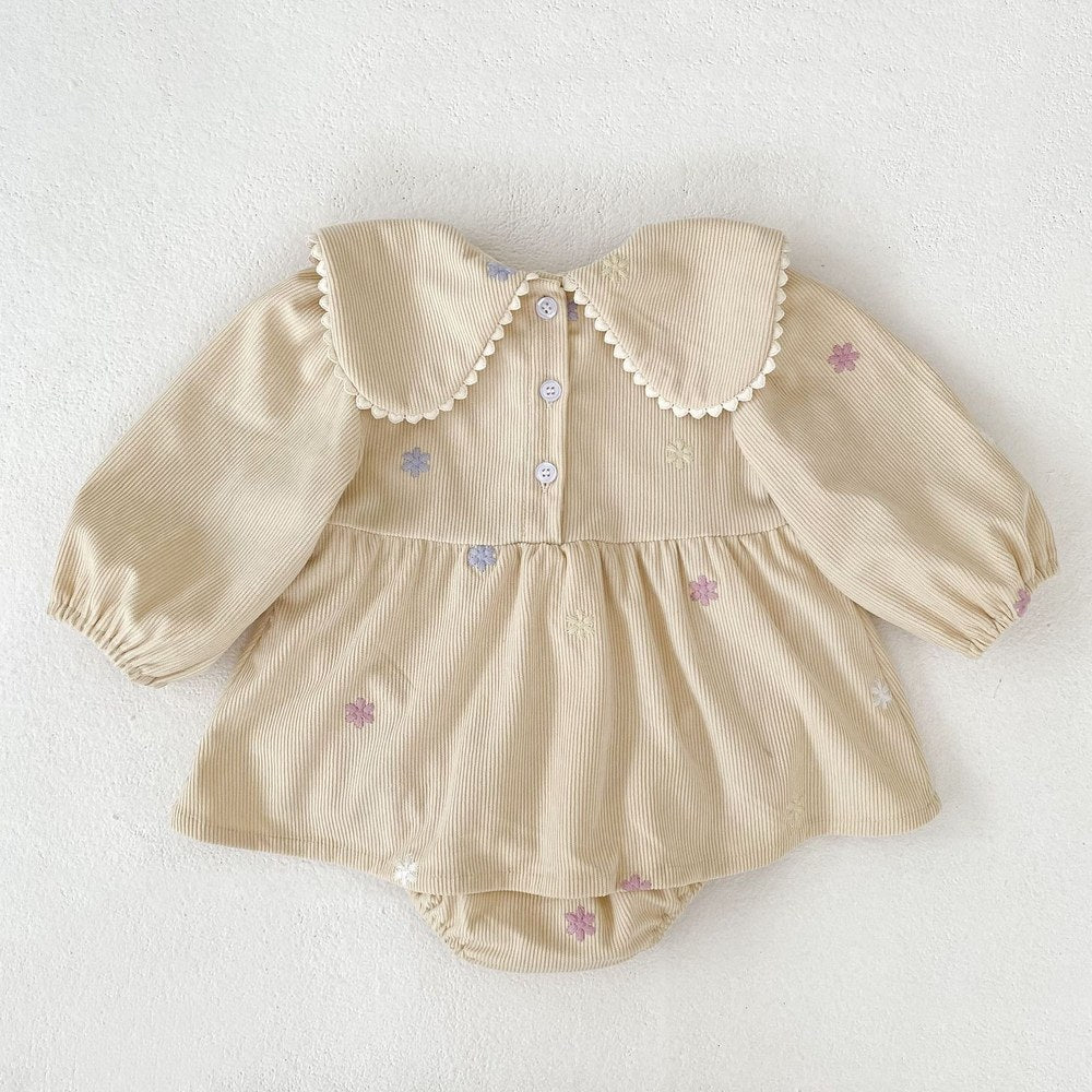 Baby Kids Girls Flowers Embroidered Long Sleeves Bodysuit Dress