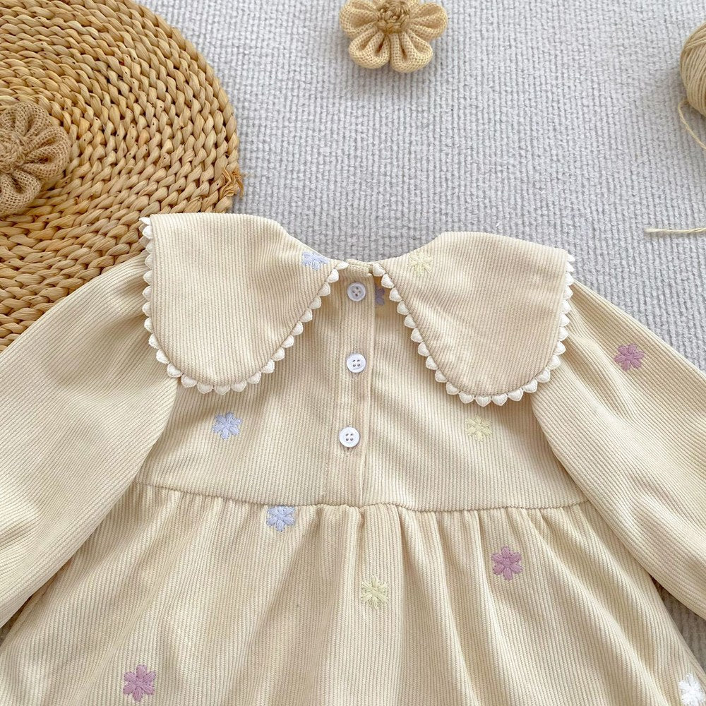 Baby Kids Girls Flowers Embroidered Long Sleeves Bodysuit Dress