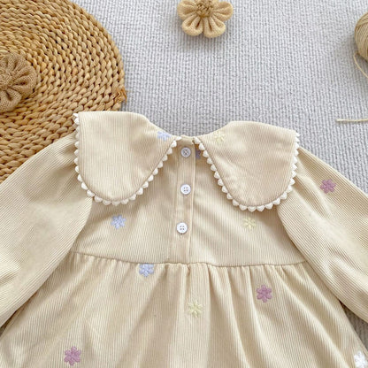Baby Kids Girls Flowers Embroidered Long Sleeves Bodysuit Dress