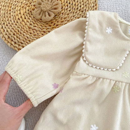 Baby Kids Girls Flowers Embroidered Long Sleeves Bodysuit Dress