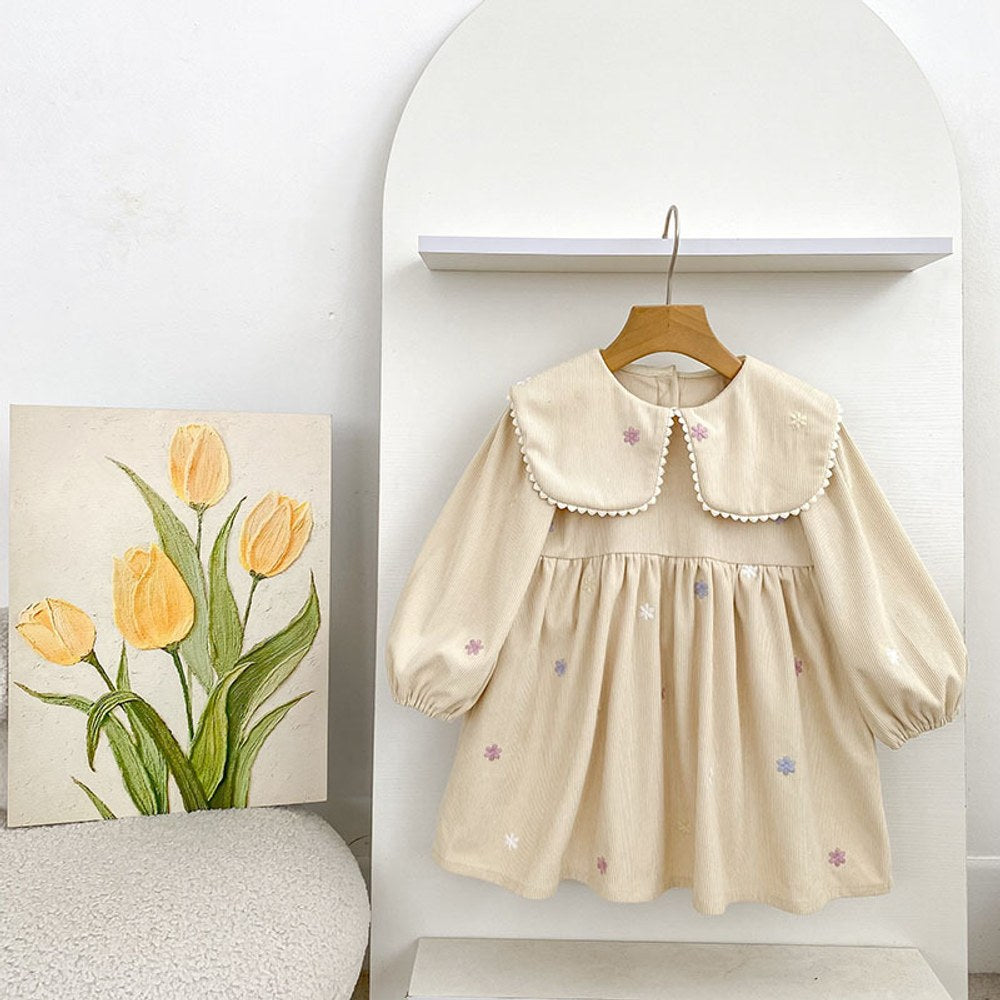 Baby Kids Girls Flowers Embroidered Long Sleeves Dress