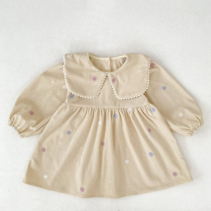 Baby Kids Girls Flowers Embroidered Long Sleeves Dress
