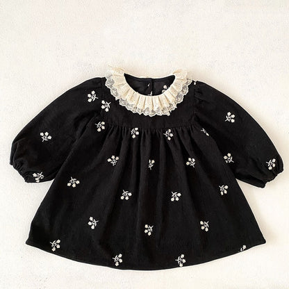 Baby Kids Girls Flowers Embroidered Long Sleeves Dress