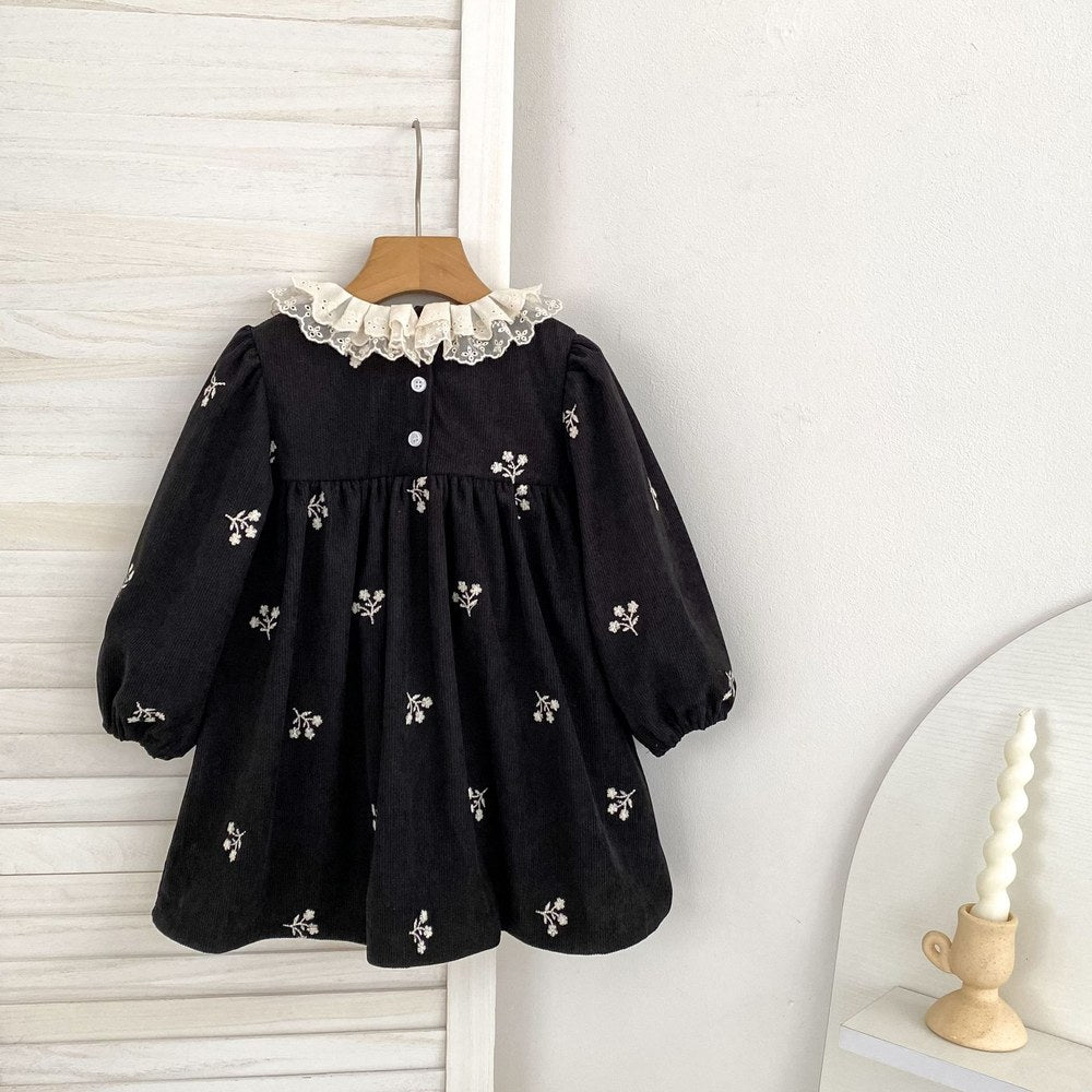 Baby Kids Girls Flowers Embroidered Long Sleeves Dress