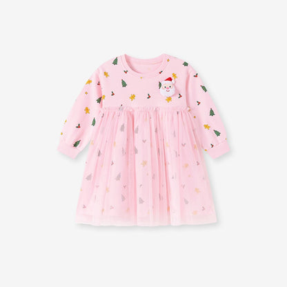 Baby Kids Girls Princess Christmas Cartoon Pattern Long Sleeves Dress