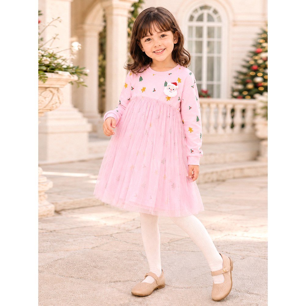 Baby Kids Girls Princess Christmas Cartoon Pattern Long Sleeves Dress