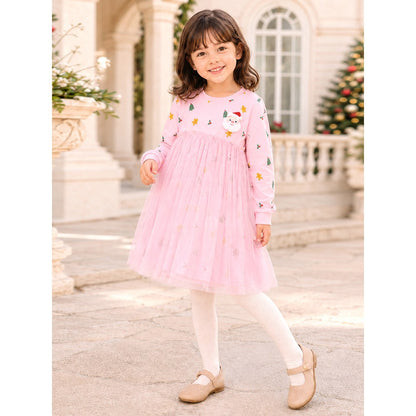 Baby Kids Girls Princess Christmas Cartoon Pattern Long Sleeves Dress