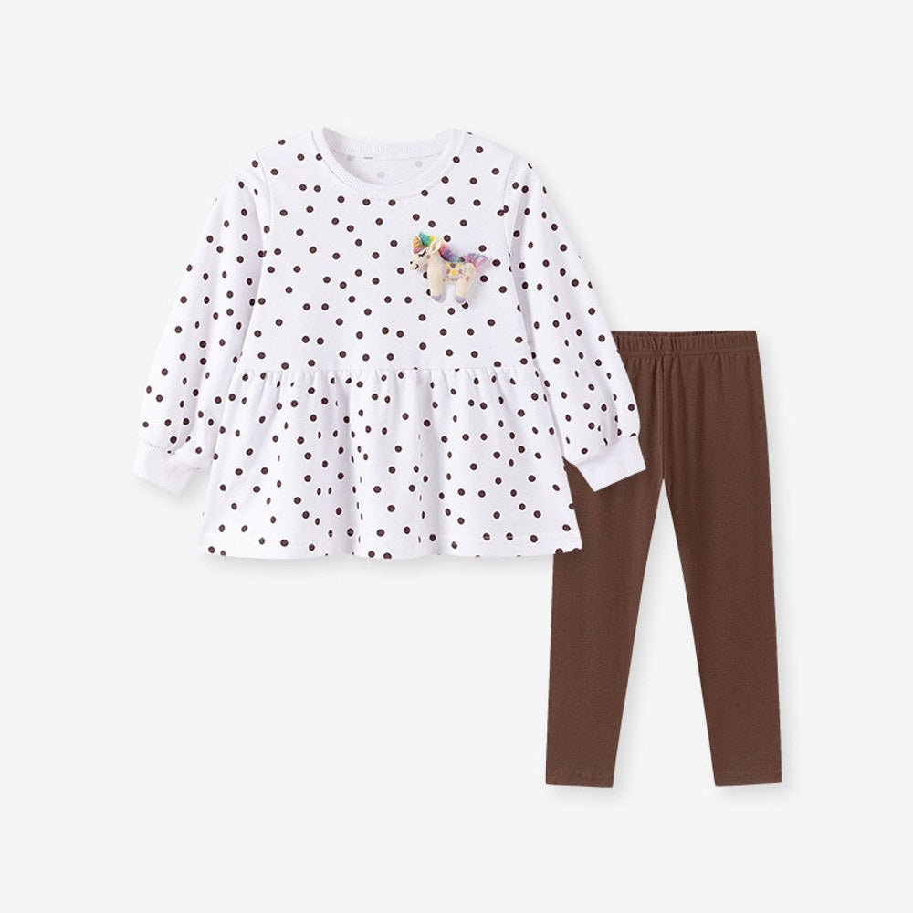 Baby Kids Girls Dots Pattern Long Sleeves Top and Solid Color Pants 2-piece Clothing Set