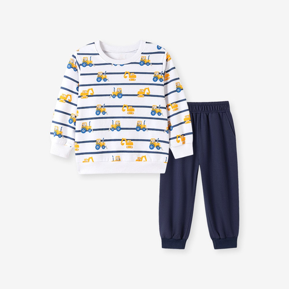 Baby Kids Boys Cartoon Pattern Long Sleeves Top and Solid Color Pants 2-piece Clothing Set