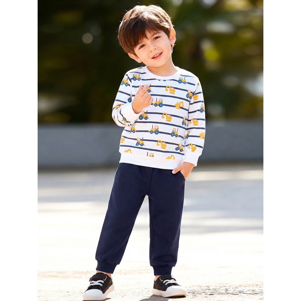 Baby Kids Boys Cartoon Pattern Long Sleeves Top and Solid Color Pants 2-piece Clothing Set