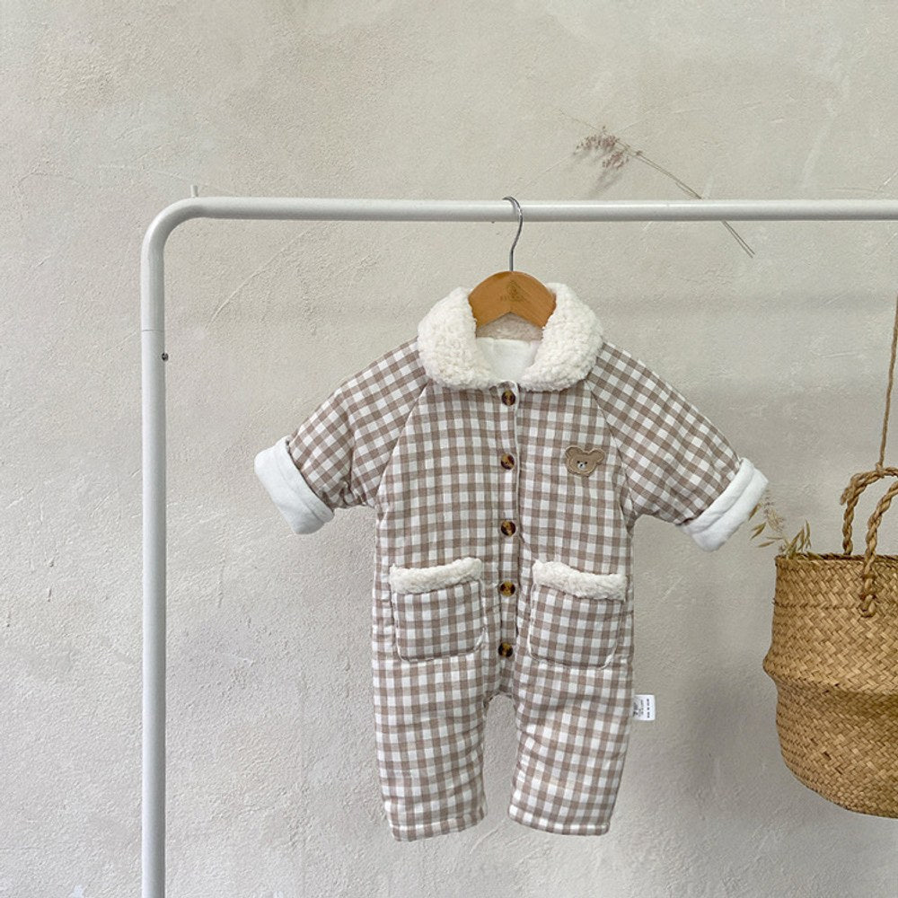 Baby Long Sleeves Plaid Fleece-Lined Rompers
