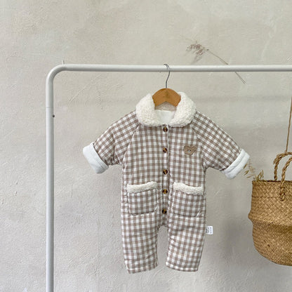 Baby Long Sleeves Plaid Fleece-Lined Rompers