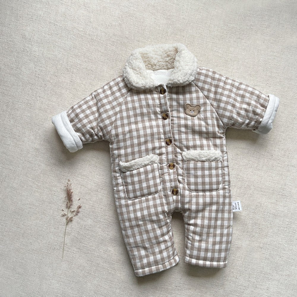 Baby Long Sleeves Plaid Fleece-Lined Rompers