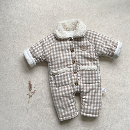 Baby Long Sleeves Plaid Fleece-Lined Rompers