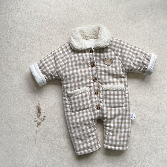 Baby Long Sleeves Plaid Fleece-Lined Rompers