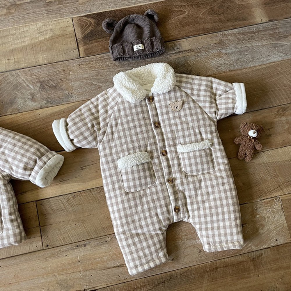 Baby Long Sleeves Plaid Fleece-Lined Rompers
