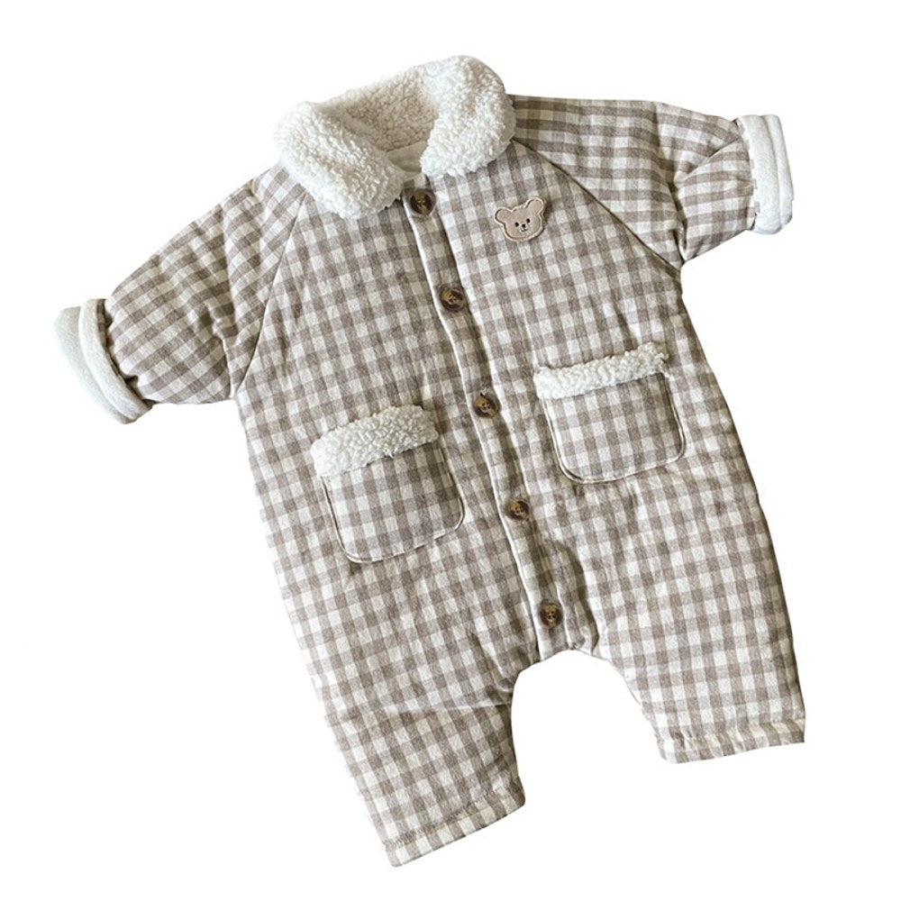 Baby Long Sleeves Plaid Fleece-Lined Rompers