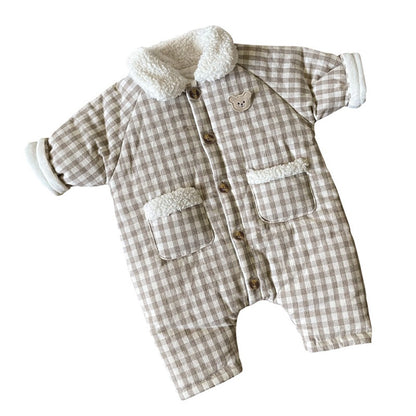 Baby Long Sleeves Plaid Fleece-Lined Rompers