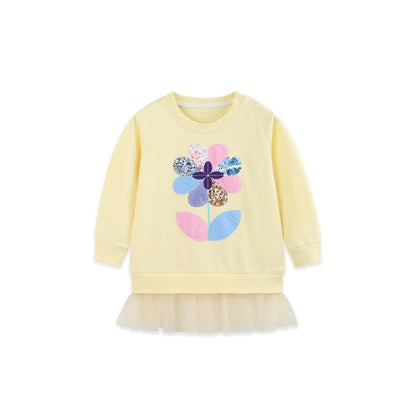 Kids Girls Flowers Pattern Crew Neck Long Sleeves Pullover
