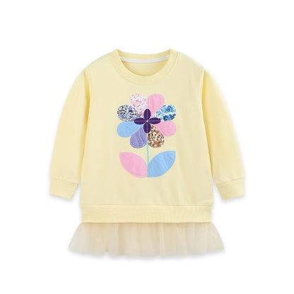 Kids Girls Flowers Pattern Crew Neck Long Sleeves Pullover