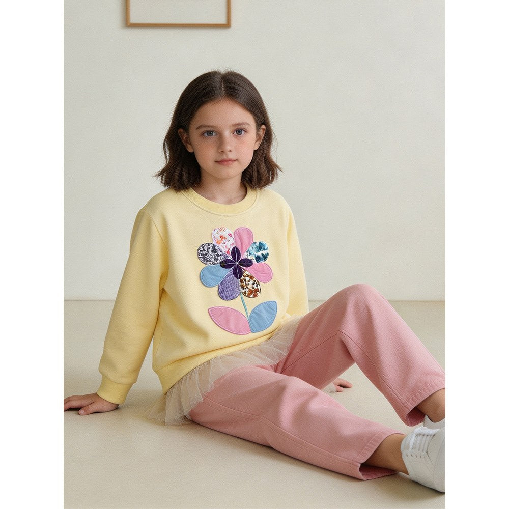 Kids Girls Flowers Pattern Crew Neck Long Sleeves Pullover