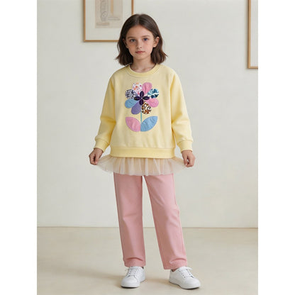 Kids Girls Flowers Pattern Crew Neck Long Sleeves Pullover