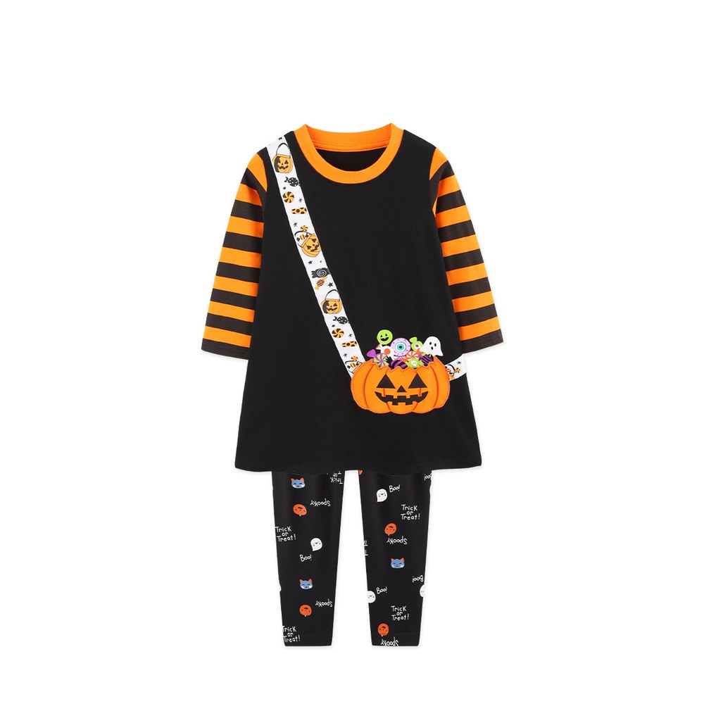 Baby Kids Girls Halloween Cartoon Pattern Long Sleeves Dress and Pants 2-piece Clothing Set