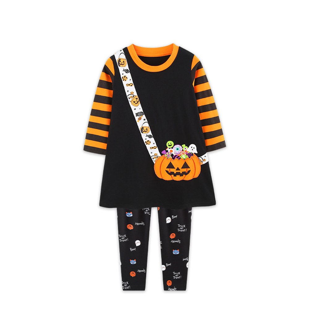 Baby Kids Girls Halloween Cartoon Pattern Long Sleeves Dress and Pants 2-piece Clothing Set