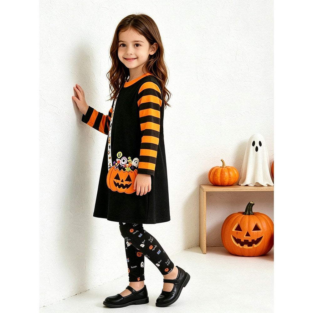 Baby Kids Girls Halloween Cartoon Pattern Long Sleeves Dress and Pants 2-piece Clothing Set