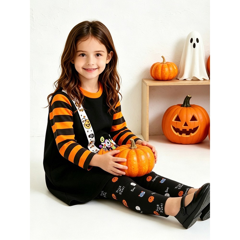 Baby Kids Girls Halloween Cartoon Pattern Long Sleeves Dress and Pants 2-piece Clothing Set