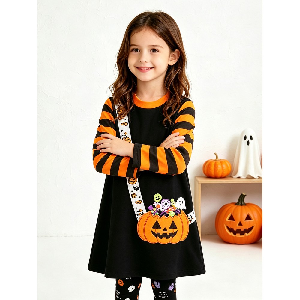 Baby Kids Girls Halloween Cartoon Pattern Long Sleeves Dress and Pants 2-piece Clothing Set