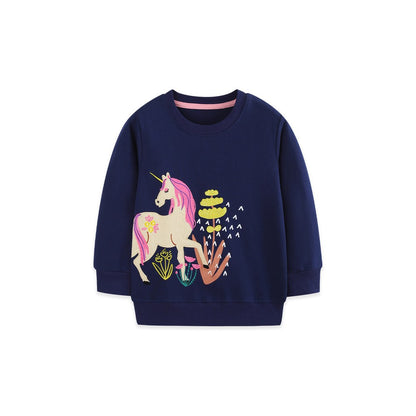 Kids Girls Animals Cartoon Pattern Crew Neck Long Sleeves Pullover