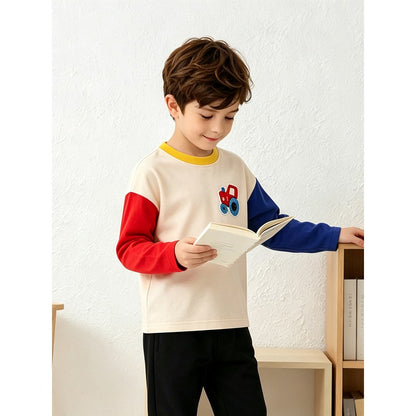 Kids Boys Crew Neck Color Patchwork Long Sleeves Top