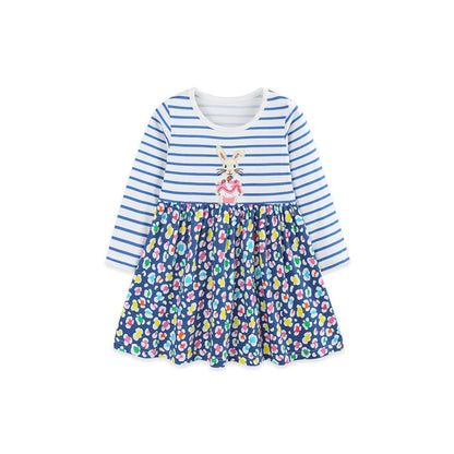 Baby Kids Girls Long Sleeves Cartoon and Flowers Pattern Dress