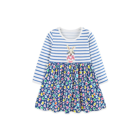 Baby Kids Girls Long Sleeves Cartoon and Flowers Pattern Dress