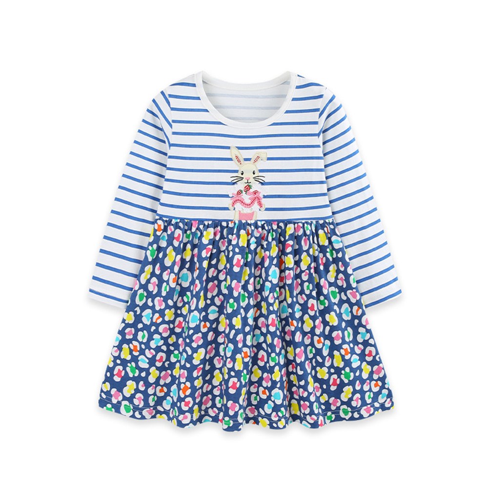 Baby Kids Girls Long Sleeves Cartoon and Flowers Pattern Dress
