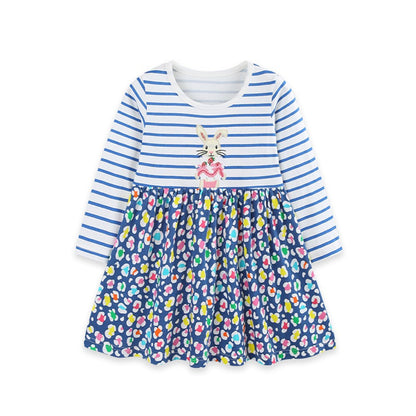 Baby Kids Girls Long Sleeves Cartoon and Flowers Pattern Dress