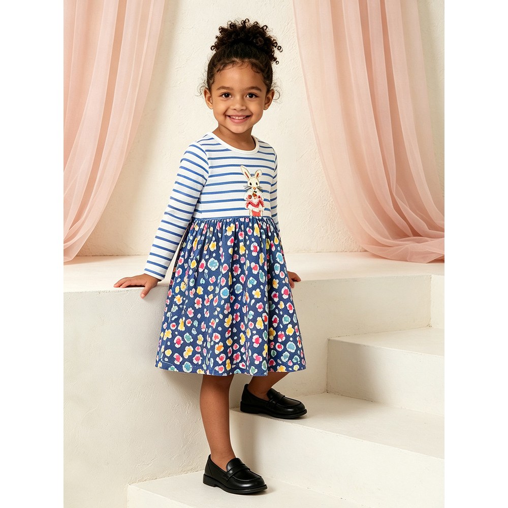 Baby Kids Girls Long Sleeves Cartoon and Flowers Pattern Dress