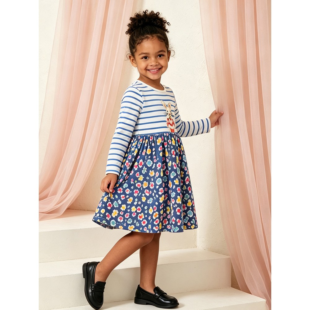 Baby Kids Girls Long Sleeves Cartoon and Flowers Pattern Dress