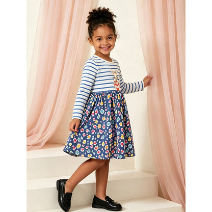 Baby Kids Girls Long Sleeves Cartoon and Flowers Pattern Dress