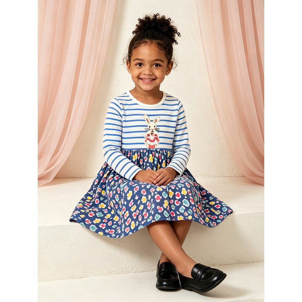 Baby Kids Girls Long Sleeves Cartoon and Flowers Pattern Dress
