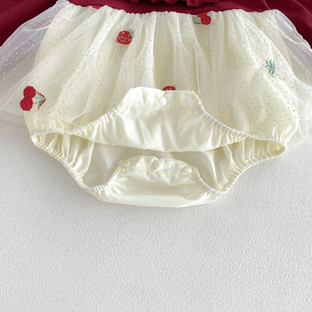 Baby Girls Long Sleeves Fruits Embroidered Pattern Tulle Bodysuit Dress