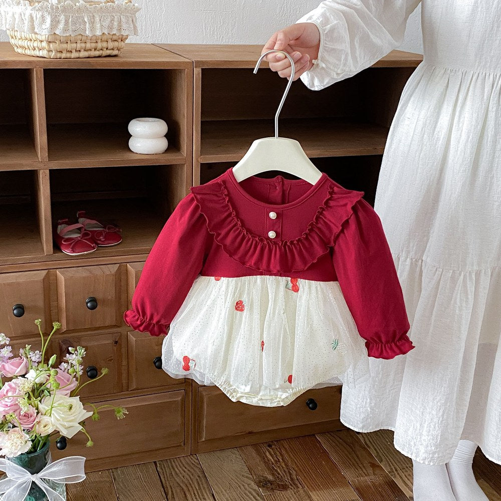 Baby Girls Long Sleeves Fruits Embroidered Pattern Tulle Bodysuit Dress