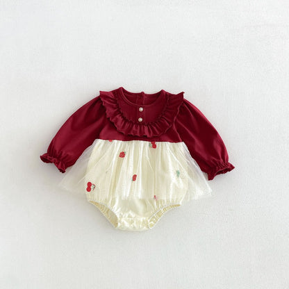 Baby Girls Long Sleeves Fruits Embroidered Pattern Tulle Bodysuit Dress