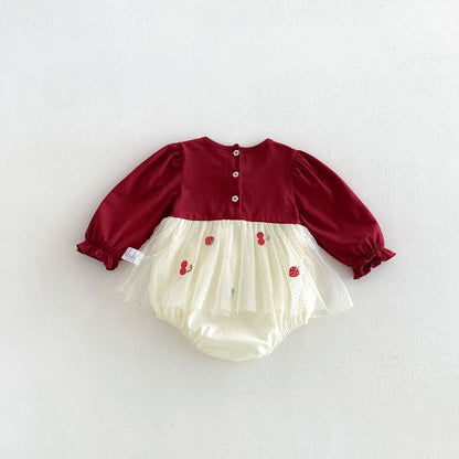 Baby Girls Long Sleeves Fruits Embroidered Pattern Tulle Bodysuit Dress